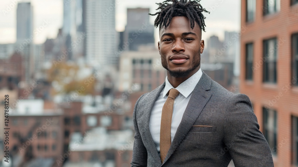Confident Businessman Posing on Rooftop with Cityscape Background in Urban Environment Confident Businessman Posing on Rooftop with Cityscape Background in Urban Environment