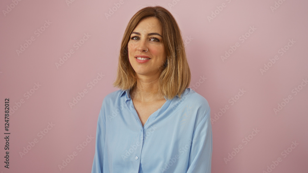 Woman smiling on isolated pink background wearing blue shirt young adult caucasian attractive blonde Woman smiling on isolated pink background wearing blue shirt young adult caucasian attractive blonde