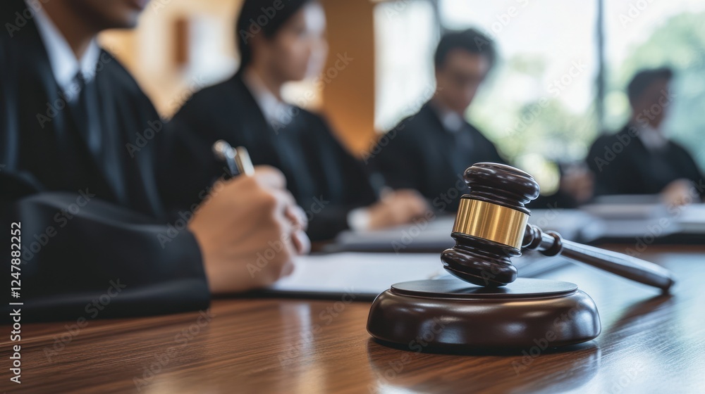 Fototapeta premium Appeals court, a legal team presenting an appeal to a bench of judges