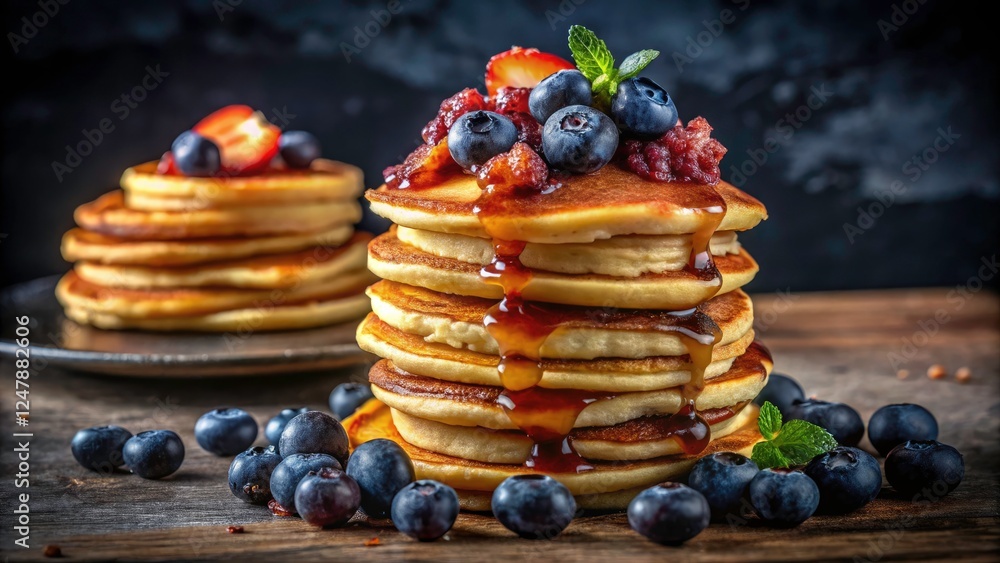 Low Light Photography: Buttermilk Pancakes, Blueberries & Crispy Bacon - Delicious Breakfast
