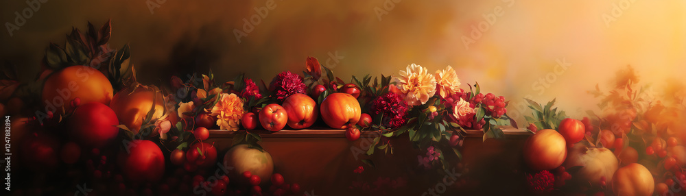 A vibrant still life composition featuring an array of colorful fruits and flowers arranged artfully against a warm, dreamy background, evoking feelings of abundance and freshness. A vibrant still life composition featuring an array of colorful fruits and flowers arranged artfully against a warm, dreamy background, evoking feelings of abundance and freshness.
