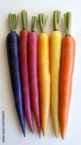 A vibrant selection of rainbow carrots lined up in a row, showcasing their varied colors and unique shapes. Perfect for emphasizing fresh produce and healthy eating. photo