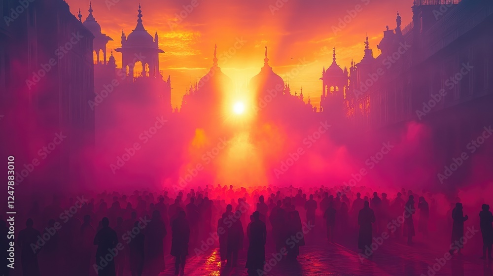 Fototapeta premium People gathering in the early morning light, preparing to celebrate Holi, with soft sunlight illuminating the colors of the powder.