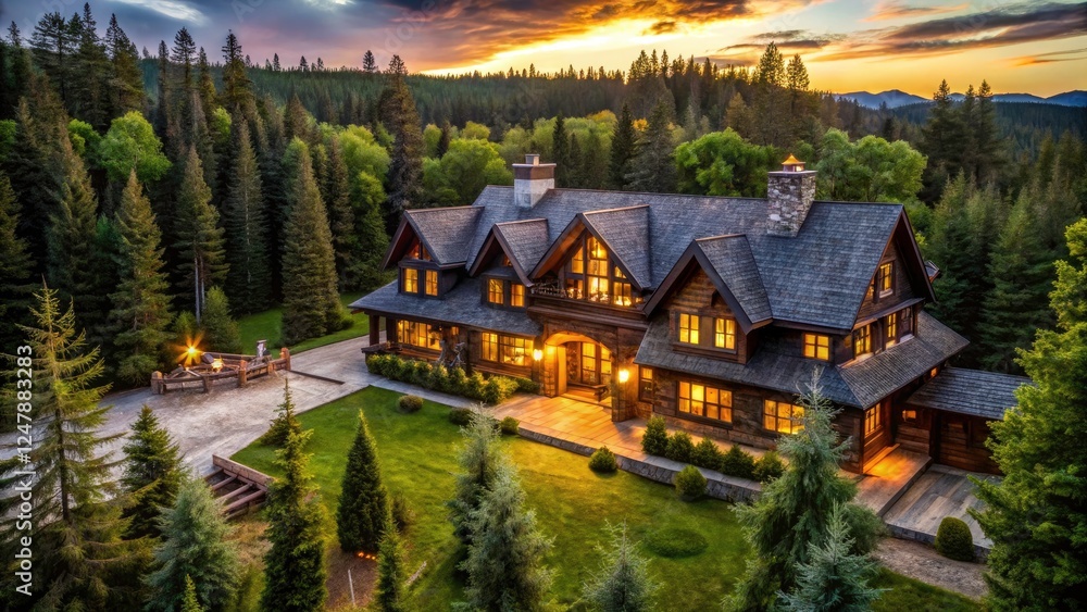Fototapeta premium Luxurious Hunting Lodge Aerial View: Dark Wood, Taxidermy, Antique Furniture
