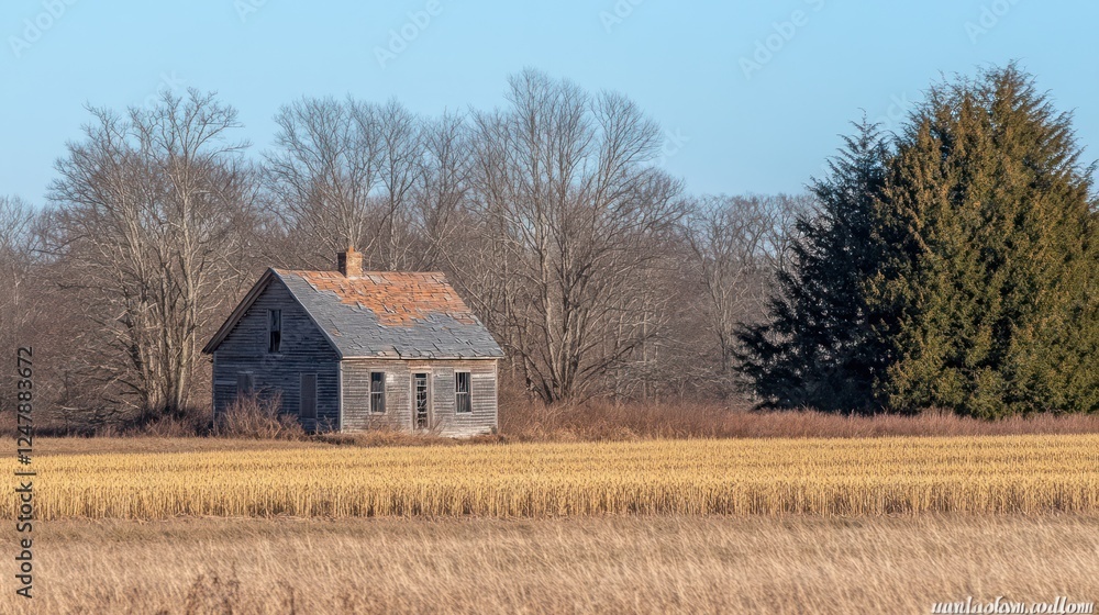 Weathered Homestead: An Abandoned House in a Golden Field with Blue Sky Weathered Homestead: An Abandoned House in a Golden Field with Blue Sky
