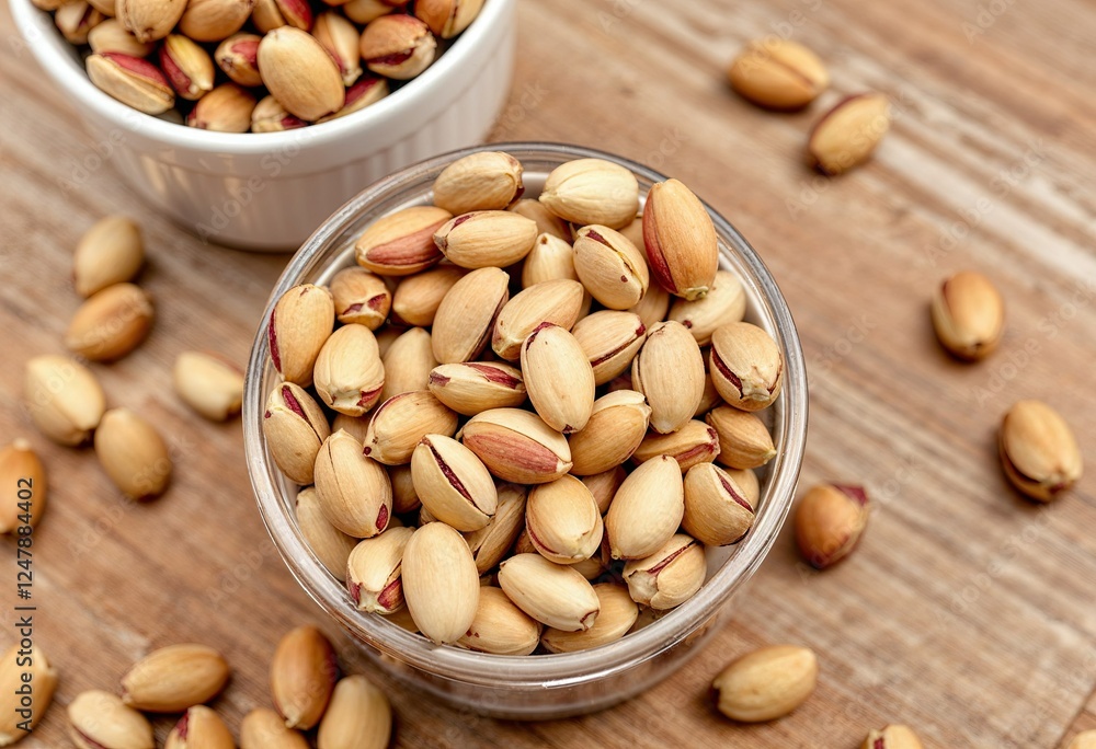 closeup of pistachios in small containers on a wooden table closeup of pistachios in small containers on a wooden table