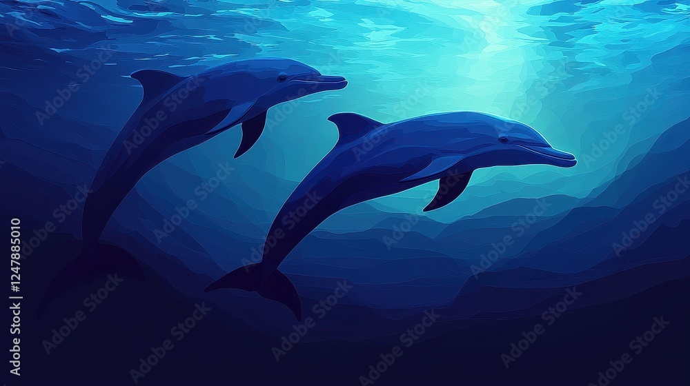 Fototapeta premium Two dolphins swim gracefully through deep blue waters, illuminated by soft light filtering from above.