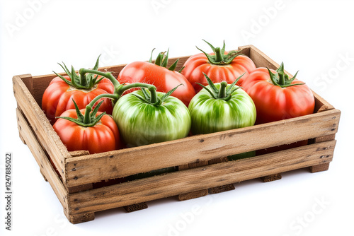 Selective focus red and green tomatoes in wooden crate isolated on white background, Fresh harvest sweet tomato in wooden box.