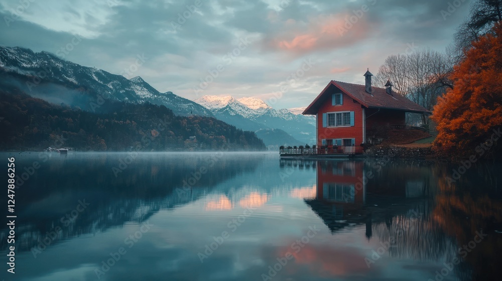 Red house on lake with mountain reflection at sunrise.