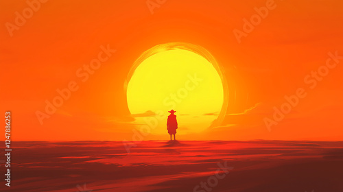 Traveler's silhouette against the setting sun, on a vast, open plain.