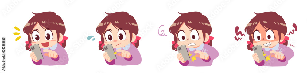 Girl Using smartphone with Various Emotions – Vector Illustration Girl Using smartphone with Various Emotions – Vector Illustration