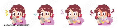 Girl Using smartphone with Various Emotions – Vector Illustration