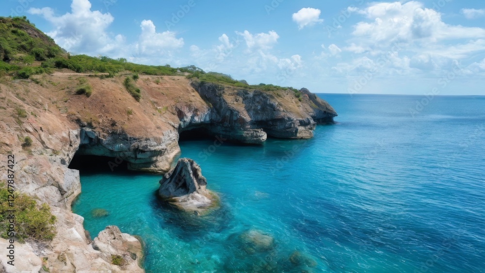 Tranquil Coastal Landscape with Turquoise Water, Blue Sky, and Rocky Cliffs with Green Vegetation and Cavelike Formations. Tranquil Coastal Landscape with Turquoise Water, Blue Sky, and Rocky Cliffs with Green Vegetation and Cavelike Formations.