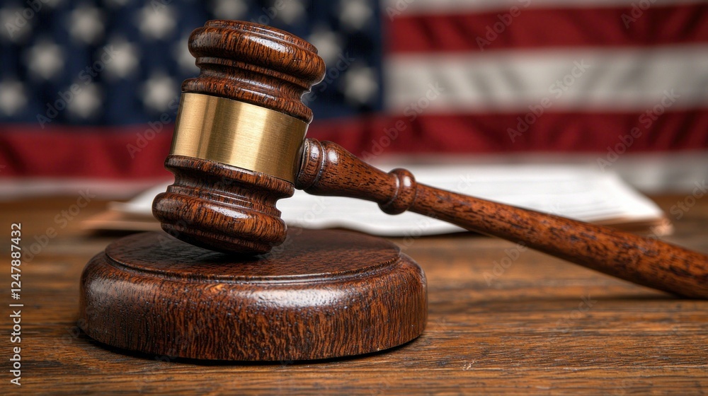 Gavel on wooden table, US flag backdrop, law concept Gavel on wooden table, US flag backdrop, law concept