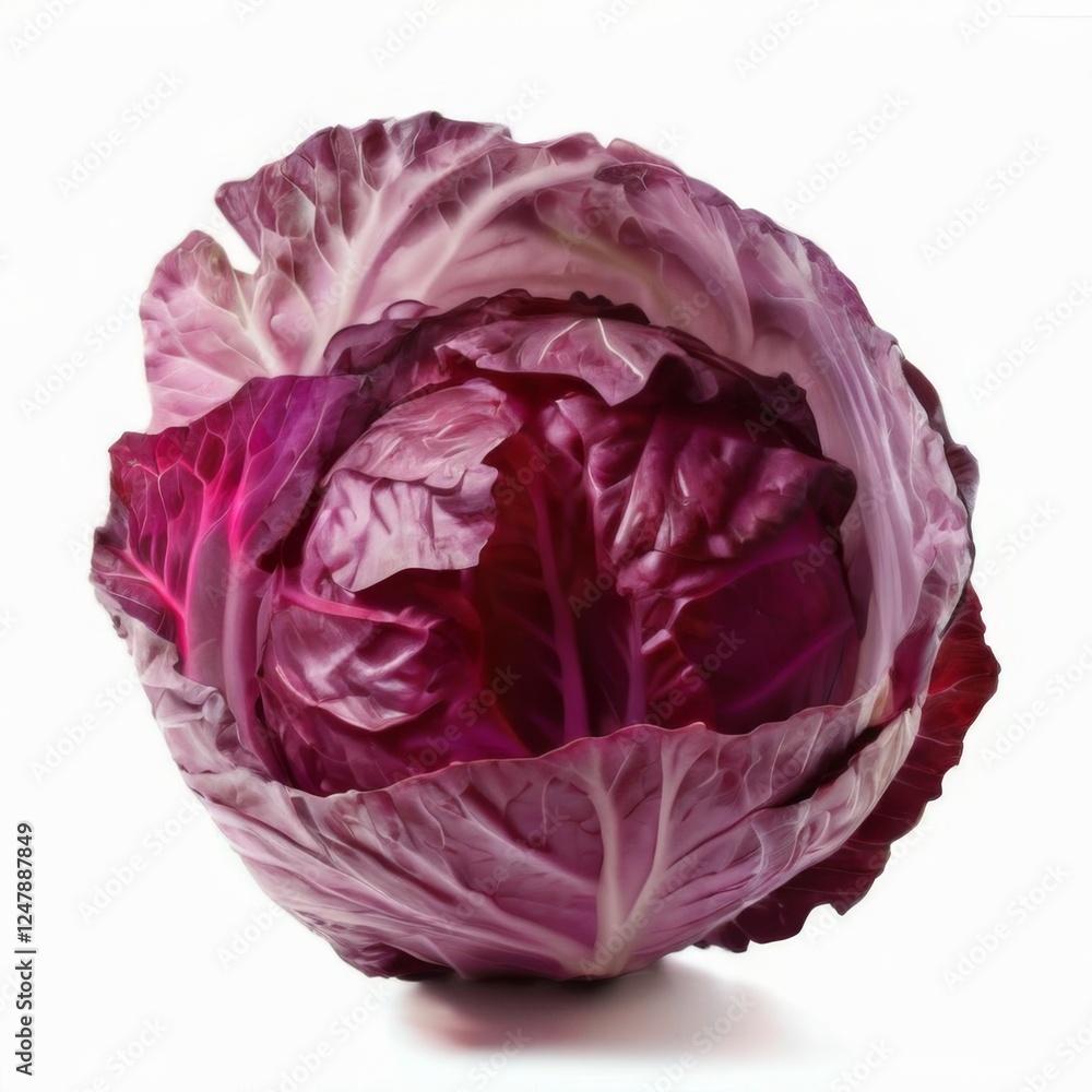 Obraz premium Closeup of plump, round red cabbage with fanlike leaf arrangement and curled edges, against a white background.