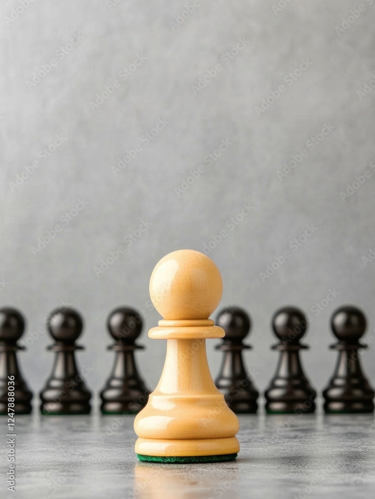 A lone white pawn stands in front of a row of black pawns on a textured surface, symbolizing strategy and competition in chess. A lone white pawn stands in front of a row of black pawns on a textured surface, symbolizing strategy and competition in chess.