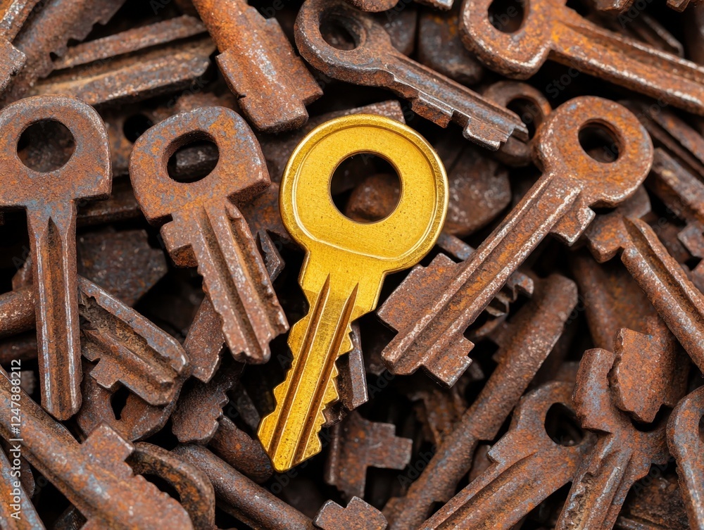A solitary golden key stands out amidst a pile of rusty keys, symbolizing uniqueness and the importance of access. A solitary golden key stands out amidst a pile of rusty keys, symbolizing uniqueness and the importance of access.