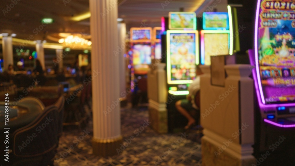 Blurred view of an indoor las vegas casino with vibrant slot machines and defocused patrons, capturing the lively nightlife atmosphere. Blurred view of an indoor las vegas casino with vibrant slot machines and defocused patrons, capturing the lively nightlife atmosphere.