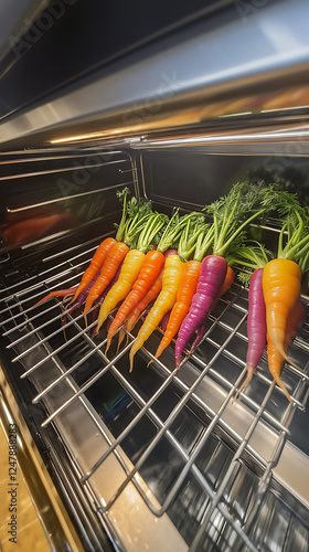 Fresh, vibrant carrots in a variety of colors displayed on a modern kitchen rack. Perfect for showcasing healthy eating, culinary arts, and organic produce. photo