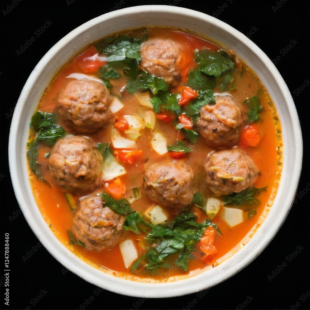 Closeup of a TomatoBased Meatball Soup with Vegetables in a White Bowl on Black Background Closeup of a TomatoBased Meatball Soup with Vegetables in a White Bowl on Black Background