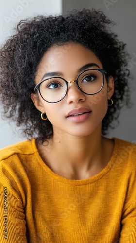A thoughtful young woman in stylish glasses and a mustard yellow sweater gazes with calm expression. The natural light and relaxed mood create a sense of intelligence and contemplation.