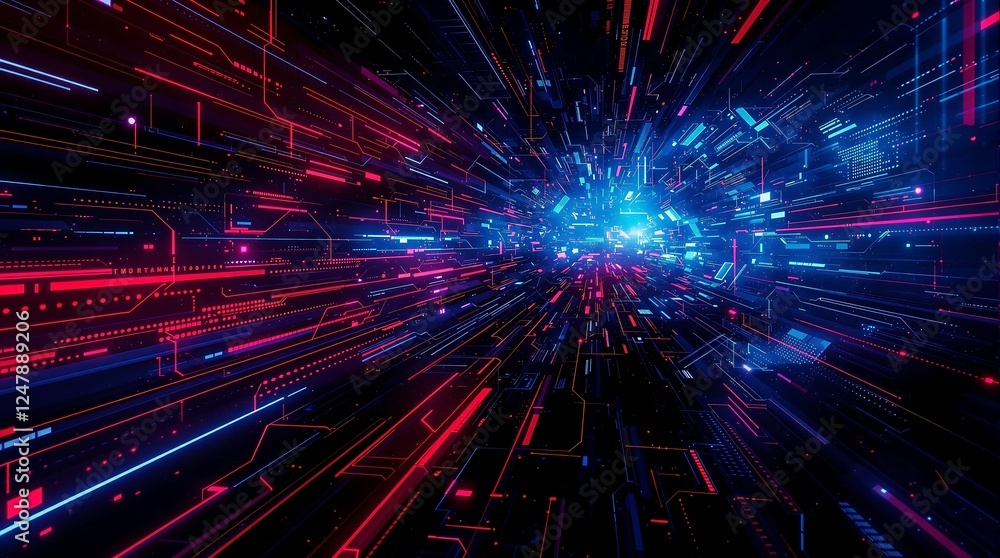 Fototapeta premium An abstract digital tunnel of glowing red and blue circuit lines converges towards a bright light at the end.
