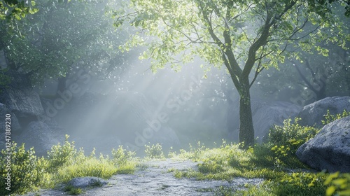 Sunlit Forest Path: A Mystical Morning in the Woods
