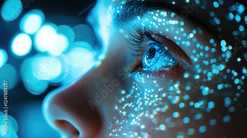 Close-Up Portrait of a Woman's Eye with Abstract Light Reflection and Blue Bokeh Effects in Background