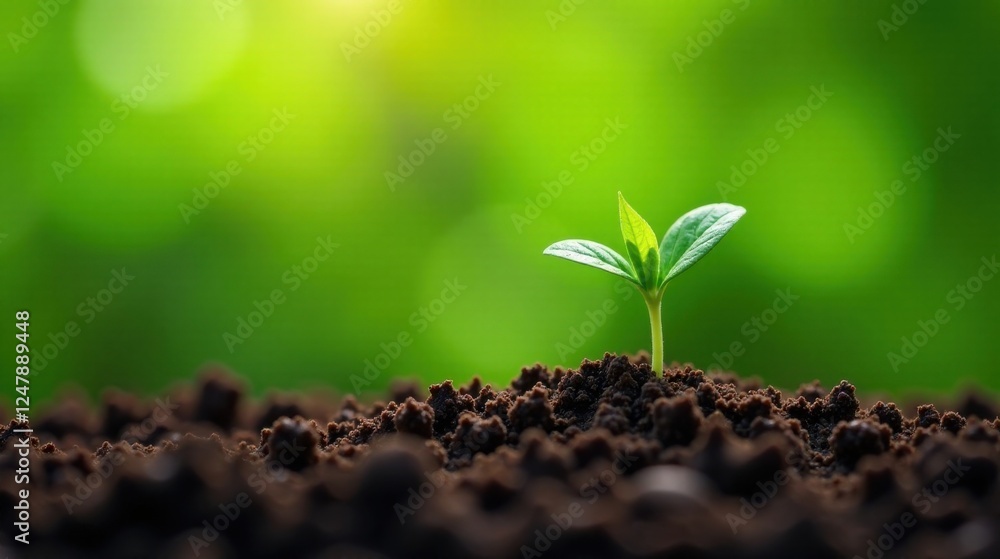 Fototapeta premium A tiny sprout emerges from rich earth, bathed in soft sunlight against a vibrant green backdrop, symbolizing growth, renewal, and the promise of a flourishing future.