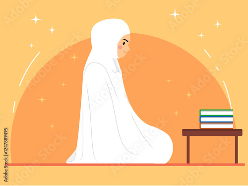 Moslem woman is praying. Moslem illustration. Flat vector illustration concept.