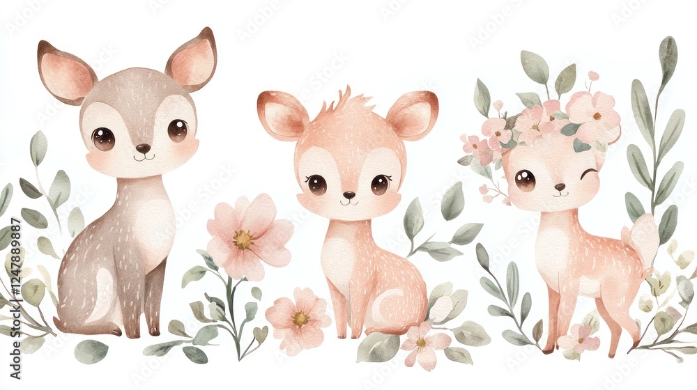 Obraz premium Cute Cartoon Deer Characters Surrounded by Floral Elements
