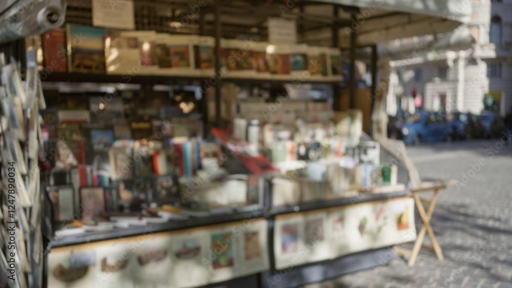 Blurred outdoor kiosk displaying various books and magazines on a sunny street with defocused background and bokeh effect, capturing an urban european atmosphere. Blurred outdoor kiosk displaying various books and magazines on a sunny street with defocused background and bokeh effect, capturing an urban european atmosphere.