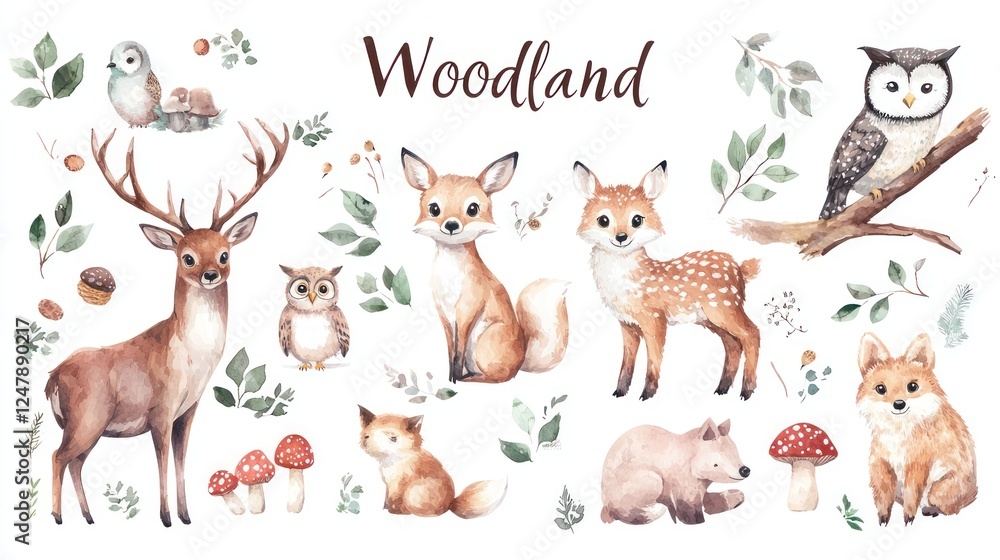Obraz premium Woodland Animals Collection with Deer, Foxes, and Owls in Nature