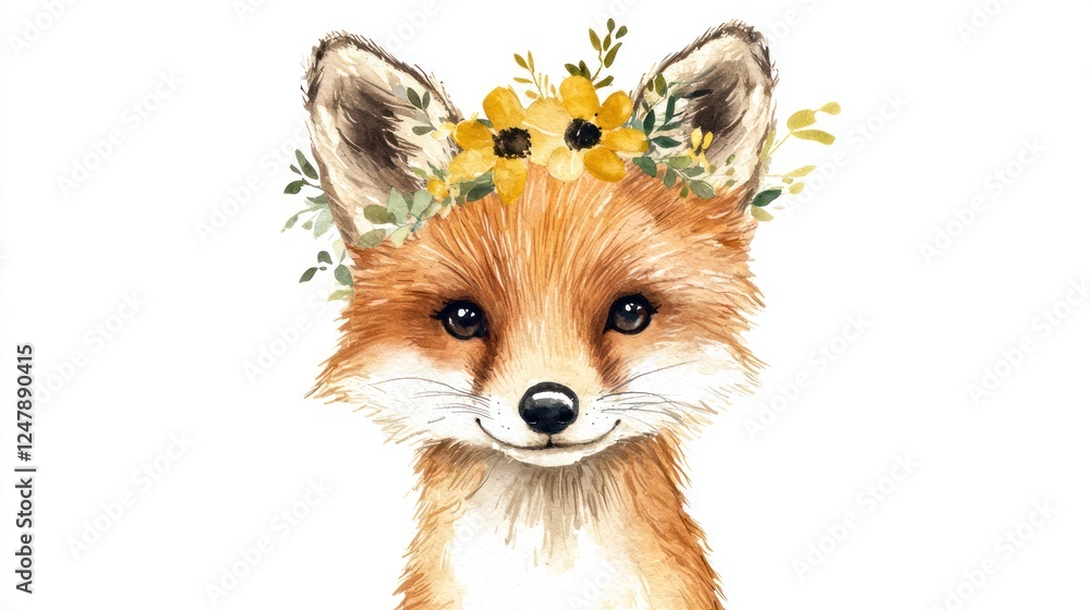 Obraz premium Cute Fox with Flower Crown in Watercolor Style Illustration