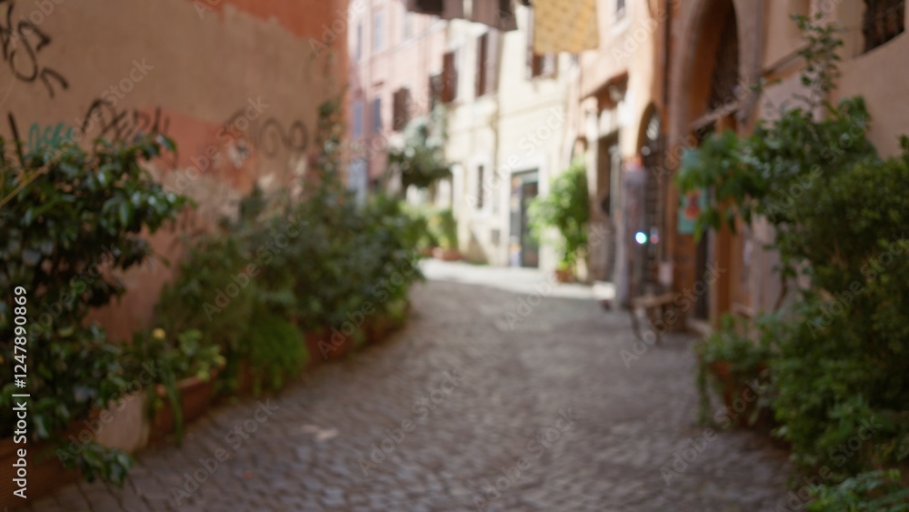Fototapeta premium Blurred view of a charming old town street in rome, italy with rustic buildings, cobblestones, and lush greenery creating a serene and timeless outdoor ambiance.