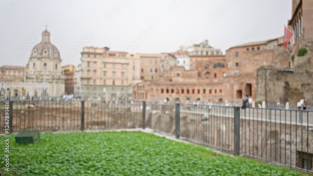 Blurred view of roman forum ruins in rome with green foreground and defocused ancient architecture on a cloudy day. Blurred view of roman forum ruins in rome with green foreground and defocused ancient architecture on a cloudy day.