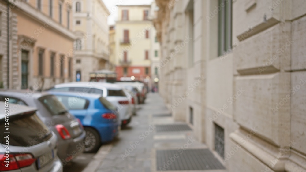 Blurred evening view of a quiet rome street with defocused historic buildings and parked cars, capturing the essence of italy's urban night life. Blurred evening view of a quiet rome street with defocused historic buildings and parked cars, capturing the essence of italy's urban night life.