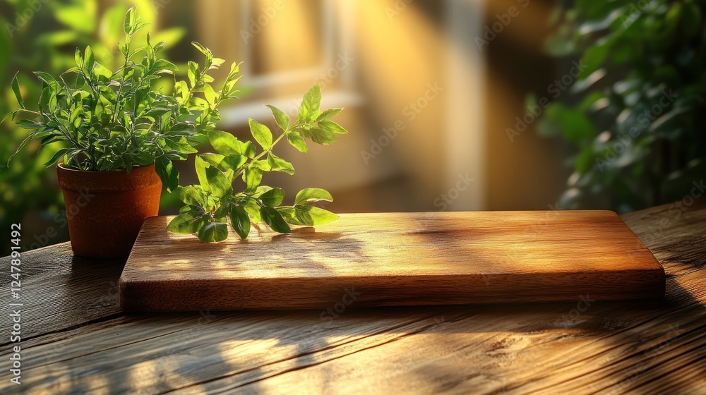 Sunlit herbs, wooden board, outdoor table Sunlit herbs, wooden board, outdoor table