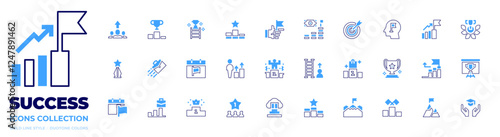 Success icon collection. Bold line style. Duotone colors. goal, podium, career, award, promotion, economic, popularity