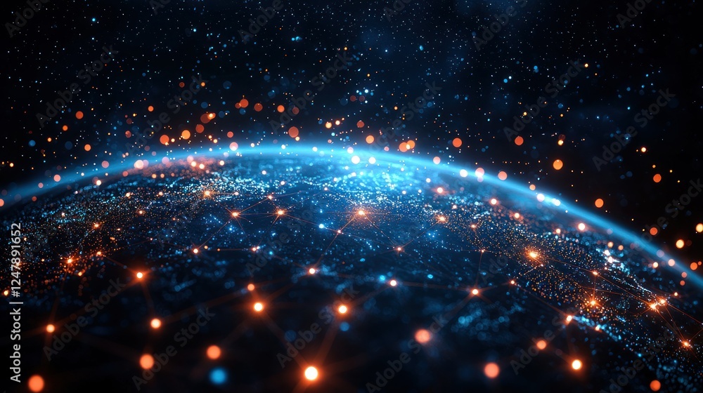 Global network connection, earth at night, data flow, future technology