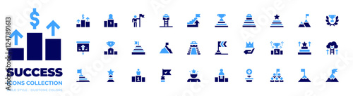 Success icon collection. Bold style. Duotone colors. ladder, goal, winner, ratings, achievement, profit, podium, trialrun, trophy, conquest, success