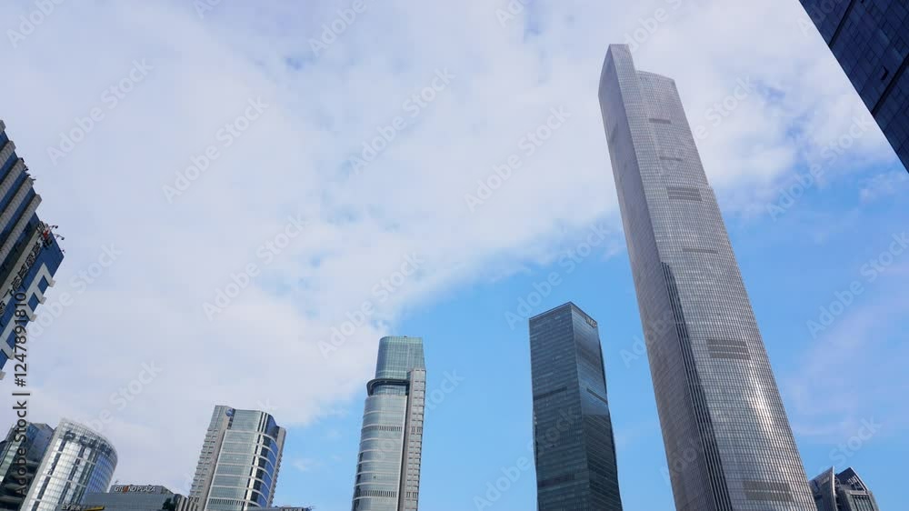 Timelapse of blue sky and white clouds over Zhujiang New City in Guangzhou’s business district