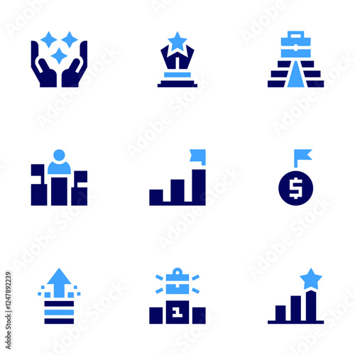 Success icon set. Bold style. Duotone colors. growth, success, pioneer, career, improve, objective, award, values