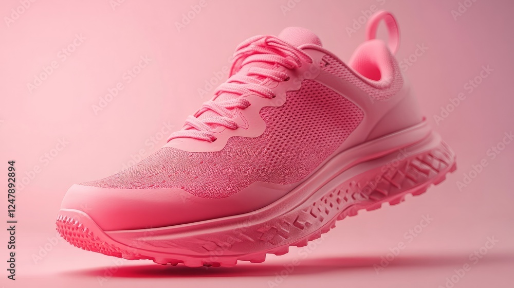 Bold neon pink sport shoes with textured soles, pastel pink background Bold neon pink sport shoes with textured soles, pastel pink background