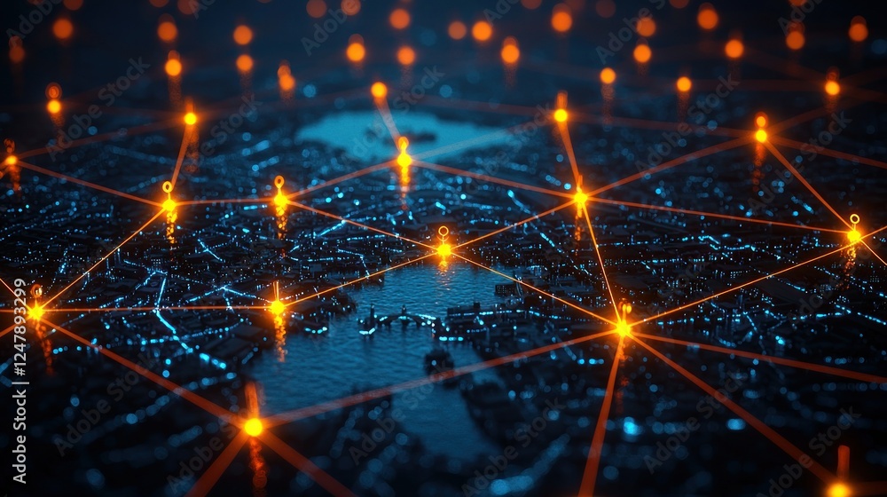 Fototapeta premium Global network connections, city lights, night