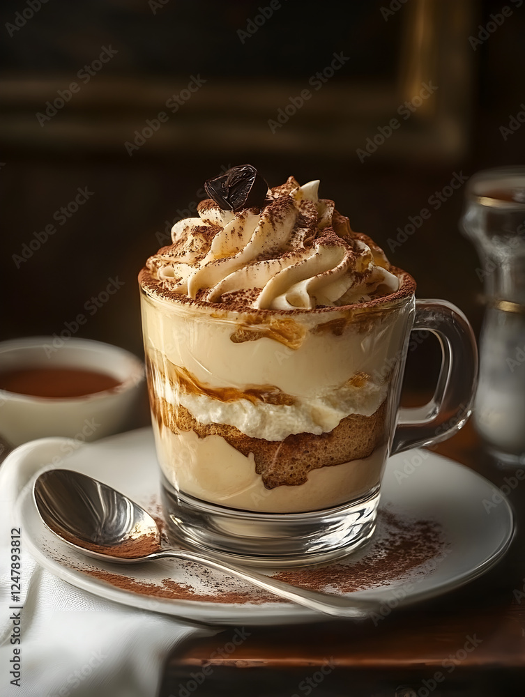 Delicious Tiramisu Dessert in a Glass with Whipped Cream and Cocoa Dusting Delicious Tiramisu Dessert in a Glass with Whipped Cream and Cocoa Dusting