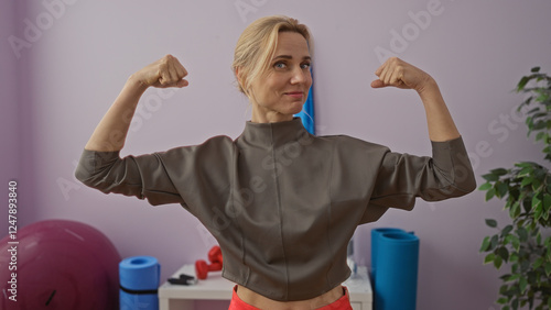 Cuadro en lienzo Woman flexing muscles in a well-lit gym with fitness equipment in the background, showcasing strength and healthy lifestyle