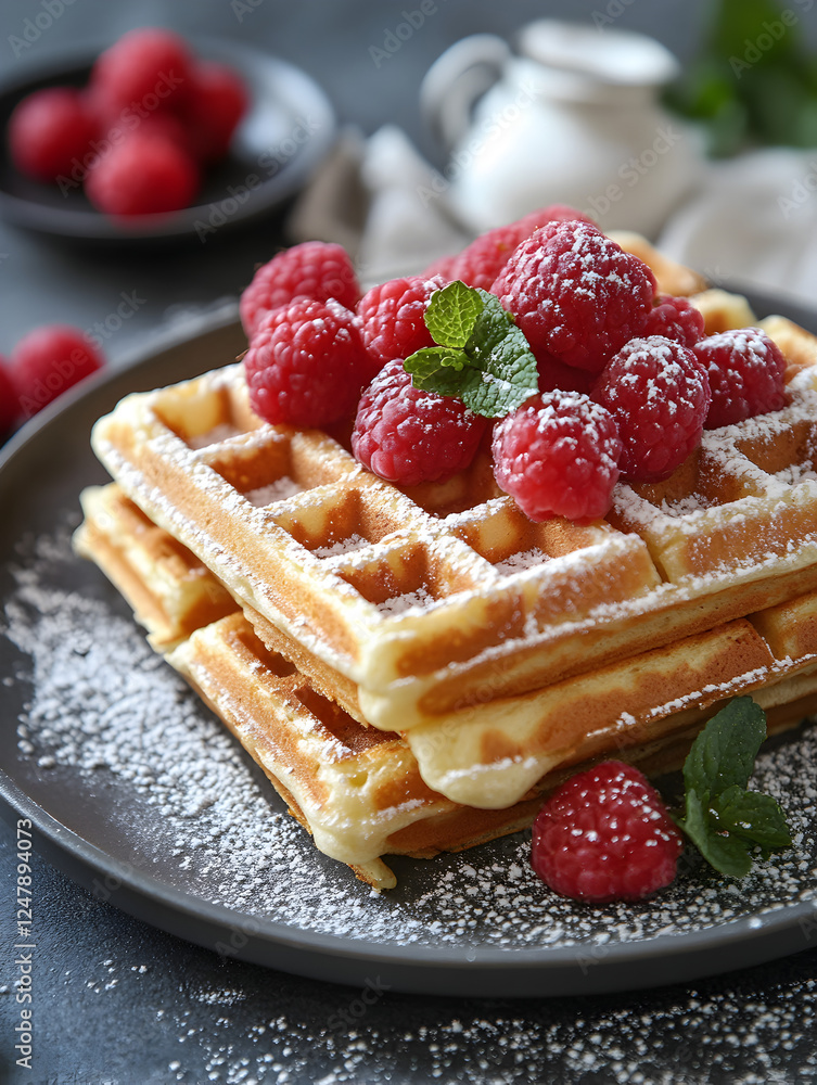 Delicious Homemade Waffles with Raspberries and Cream for a Scrumptious Breakfast Treat Delicious Homemade Waffles with Raspberries and Cream for a Scrumptious Breakfast Treat
