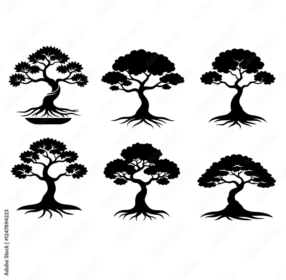Obraz premium Bonsai Tree Silhouette Pack, Vector illustration