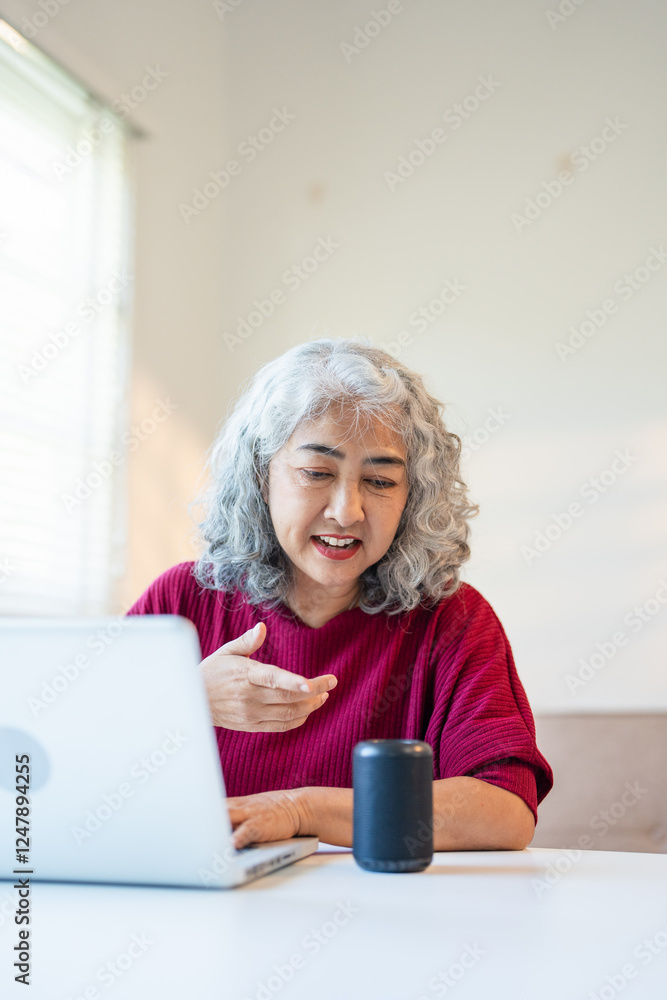 Senior elderly modern woman is using voice commands for wireless smart speaker control. Smart home and technology concept Senior elderly modern woman is using voice commands for wireless smart speaker control. Smart home and technology concept
